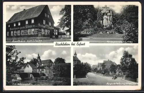 AK Bischleben bei Erfurt, Gasthaus zum Löwen, Inh. Kurt Köhler, Kriederdenkmal, Augustbrugstrasse, Gerabrücke