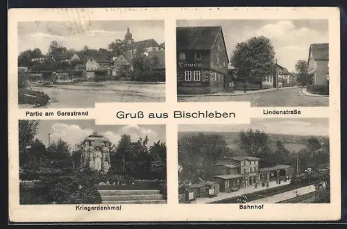 AK Bischleben, Bahnhof, Lindenstrasse, Kriegerdenkmal, Partie am Gerastrand