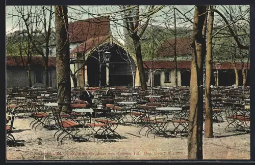AK Hochheim / Erfurt, Gasthaus zum Grünen Tal, Bes. Georg Wienecke, Stühle und Tische im Freien