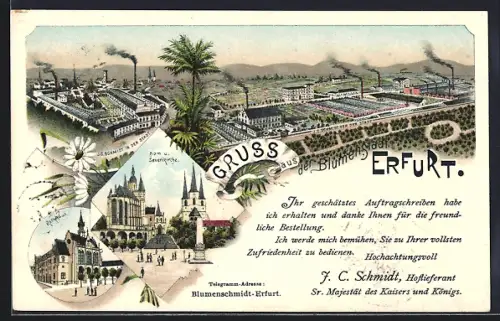 Lithographie Erfurt, Dom & Severikirche, Rathaus, Fabrik J.C. Schmidt