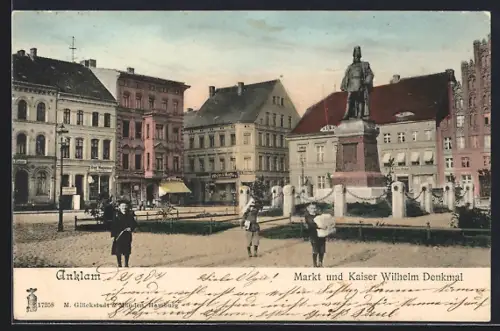 AK Anklam, Markt und Kaiser Wilhelm Denkmal