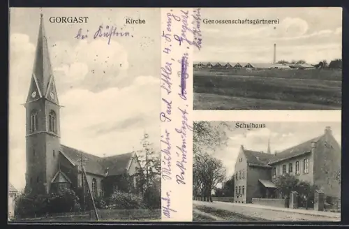 AK Gorgast, Genossenschaftsgärtnerei, Kirche, Schulhaus