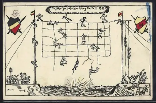 AK Rastatt, Einjährige Schlussprüfung 1919, Schüler klettern ein Netz hinauf