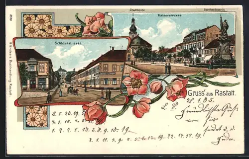 Lithographie Rastatt, Kaiserstrasse mit Stadtkirche und Bernhardusbrunn, Schlosstrasse