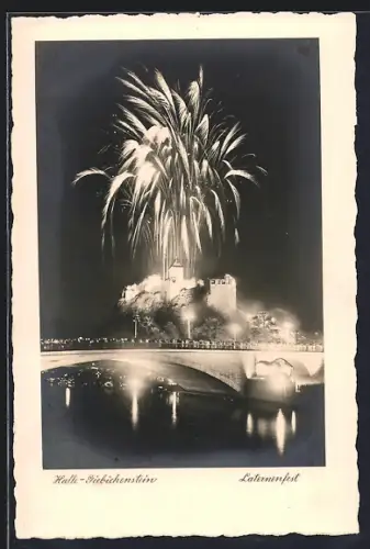 AK Halle /Saale, Laternenfest, Feuerwerk über Giebeichenstein