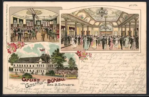 Lithographie Dresden-Bühlau, Gasthof von B. Schwarz, Aussen- und Innenansichten