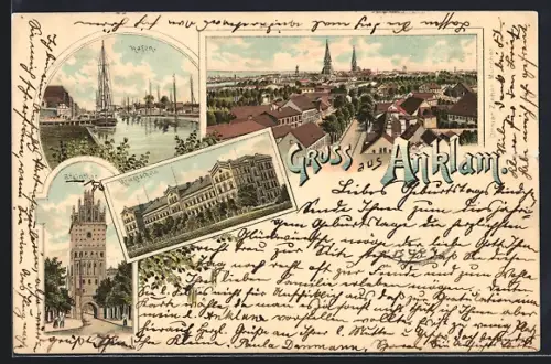 Lithographie Anklam, Hafen, Kriegsschule, Steinthor