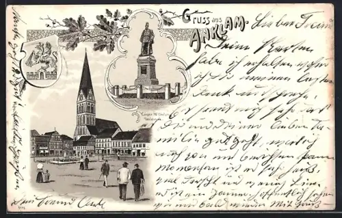 Lithographie Anklam, Kaiser-Wilhelm-Denkmal, Kirche