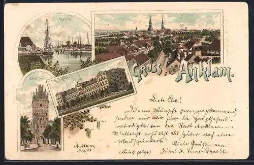 Lithographie Anklam, Hafen, Kriegsschule, Steinthor