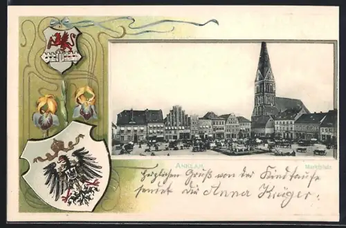 Passepartout-Lithographie Anklam, Marktplatz mit Wappen
