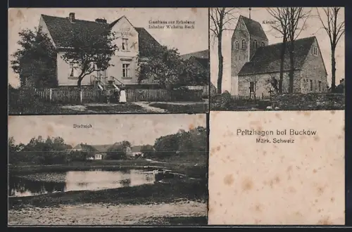 AK Pritzhagen b. Buckow, Gasthaus zur Erholung, Inh. Wilhelm Rock, Kirche, Dorfteich