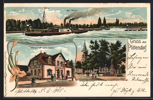 Lithographie Plittersdorf / Rhein, Wirtschaft zum Adler, Kriegerdenkmal, Rheindampfer