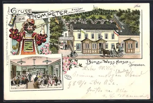 Lithographie Dresden-Weisser-Hirsch, Gasthaus Trompeter, Albert Winkler, Speisesaal, Bautzner Landstrasse 83