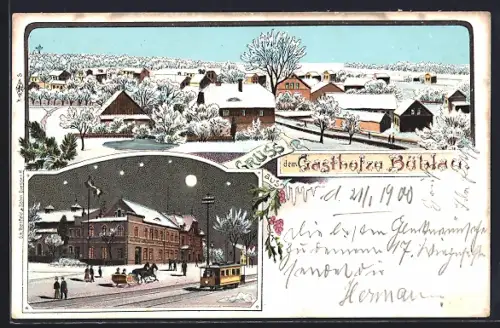 Winter-Lithographie Dresden-Bühlau, Gasthof, Strassenbahn, Ortsansicht