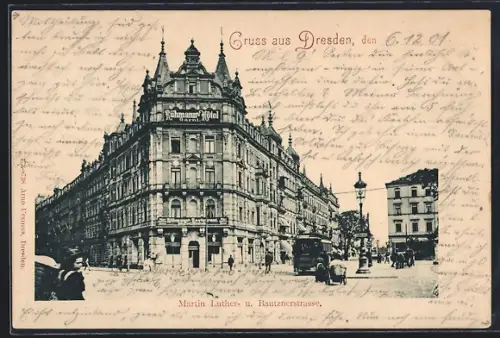 AK Dresden-Neustadt, Rühmanns Hotel, Martin Luther-u. Bautznerstrasse, Strassenbahn