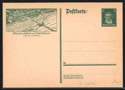 AK Ahlbeck, Strandblick aus der Vogelschau, Ganzsache