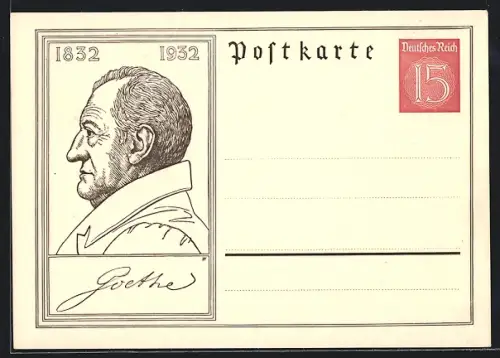 AK Johann Wolfgang von Goethe im Profil, 1832-1932, Ganzsache