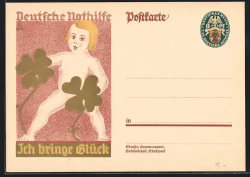 Künstler-AK Deutsche Nothilfe bringt Glück, Knabe mit vierblättrigen Kleeblättern, Ganzsache