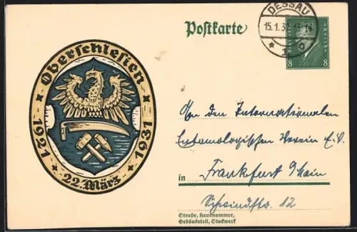 AK Oberschlesien, Wappen 1921 - 22. März - 1931, Ganzsache