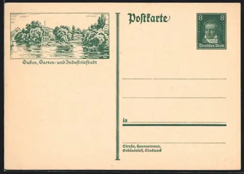AK Guben, Garten- und Industriestadt, Teilansicht am Ufer, Ganzsache