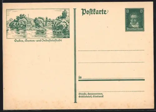 AK Guben, Garten- und Industriestadt, Ortsansicht am Ufer, Ganzsache