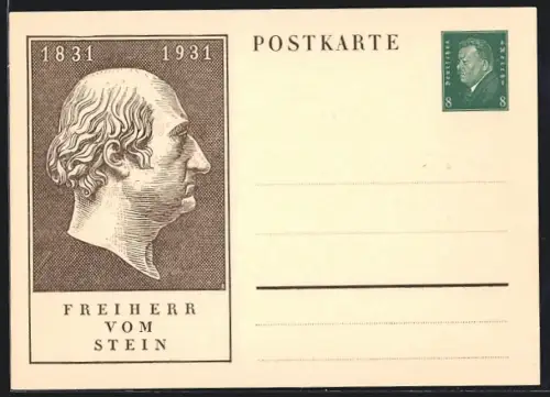 AK Profil des Freiherr vom Stein, 1831-1931, Ganzsache