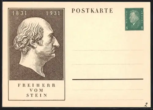 AK Profil des Freiherr Heinrich vom Stein, 1831-1931, Ganzsache