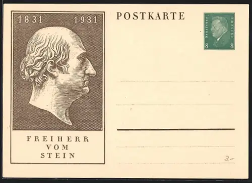 AK Profil des Freiherr Heinrich vom Stein, 1831-1931, Ganzsache
