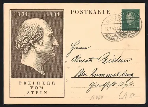 AK Profil des Freiherr vom Stein, Ganzsache