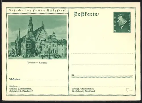 AK Breslau /Schlesien, Blick auf das Rathaus, Ganzsache