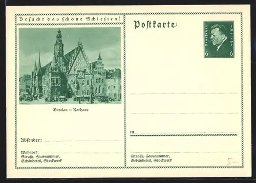 AK Breslau, Rathaus, Totalansicht, Ganzsache