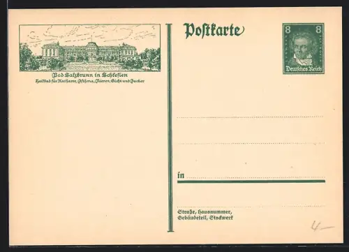 AK Bad Salzbrunn i. Schlesien, Heilbad, Gebäude, Ganzsache