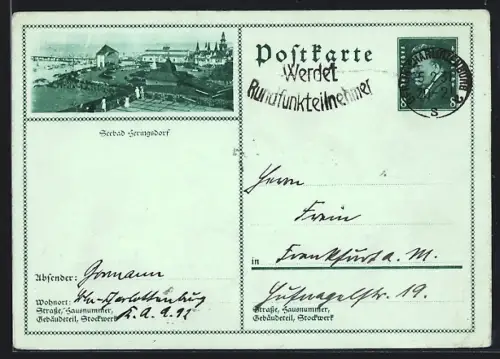 AK Heringsdorf, Gebäude am Ufer mit Seebrücke, Ganzsache