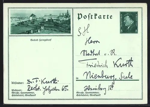 AK Heringsdorf, Gebäude am Ufer mit Seebrücke, Ganzsache