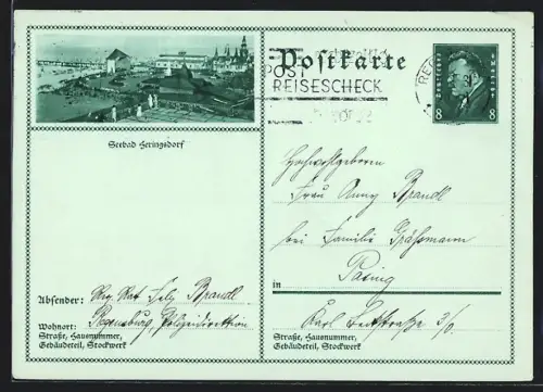 AK Heringsdorf, Gebäude am Ufer mit Seebrücke, Ganzsache