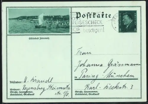 AK Zinnowitz, Ostseestrand mit Zeesenboot, Ganzsache