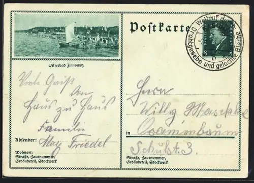 AK Zinnowitz, Ortsansicht mit Ostseestrand, Ganzsache