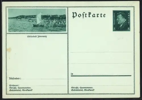 AK Zinnowitz, Ortsansicht mit Ostseestrand, Ganzsache
