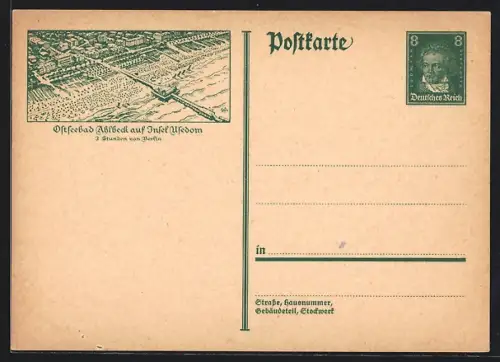 AK Ahlbeck auf Usedom, Strandblick aus der Vogelschau, Ganzsache