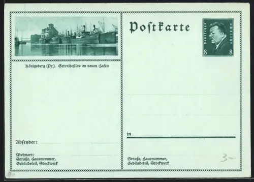 AK Königsberg /Pr., Getreidesilos im neuen Hafen, Frachtschiffe am Kai, Ganzsache