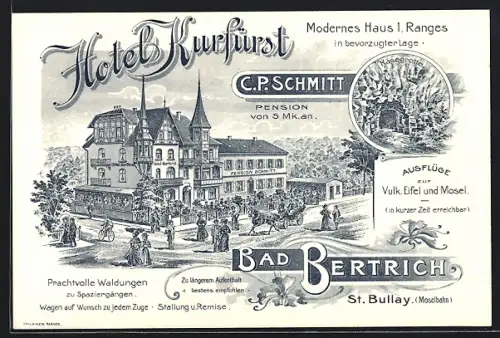 Lithographie Bad Bertrich, Totale von C.P. Schmitt`s Pension Hotel Kurfürst, Käsegrotte