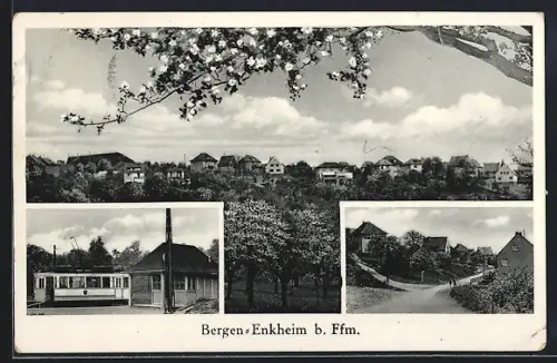 AK Frankfurt-Bergen-Enkheim, Ortsansicht, Strassenbahn und Strassenpartie