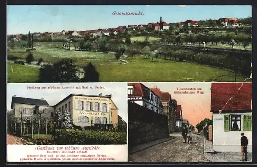 AK Frankfurt a. M.-Berkersheim, Gasthaus zur schönen Aussicht mit Saal und Garten, Villenbauten am Eschersheimer Weg