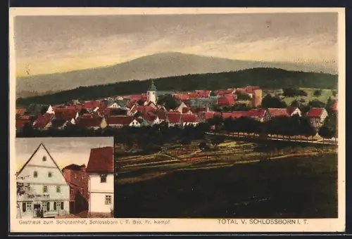 AK Schlossborn i. T., Ortsansicht und Gasthaus zum Schützenhof, Bes. Fr. Kempf