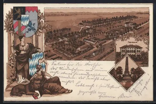 Lithographie Lager Lechfeld, Ortsansicht aus der Vogelschau, Platzkommando und Kriegerdenkmal