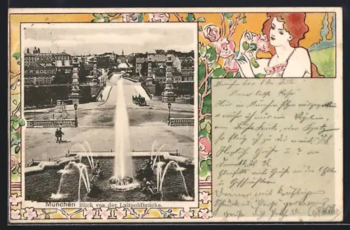 AK München, Blick von der Luitpoldbrücke, Passepartout mit Frau mit Rosen