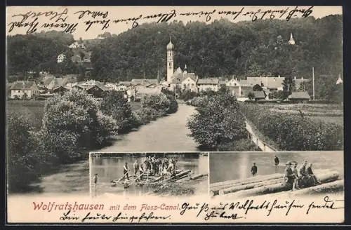 AK Wolfratshausen, Flösser auf dem Floss-Canal, Ortsansicht