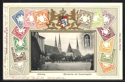 AK Altötting, Pfarrkirche und Gradenkapelle, Stadtwappen und Briefmarken