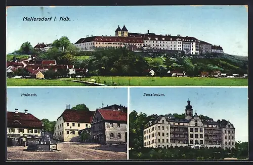 AK Mallersdorf i. Ndb., Ortsansicht mit Hofmark mit Brunnen sowie Sanatorium