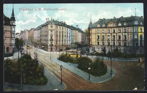 AK Frankfurt-Sachsenhausen, Apotheke mit Strassenbahnen